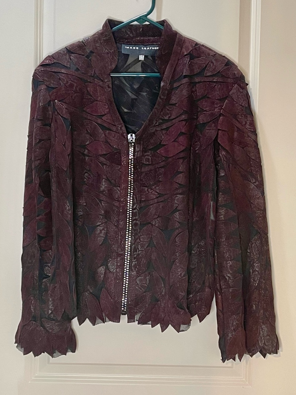 Vintage Genuine Leather Leaf-Detail Zip Front Jacket L